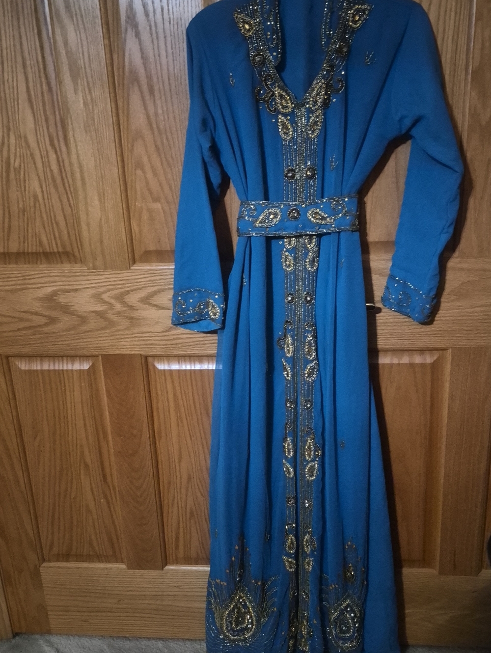 Blue Embellished Long Sleeve Maxi Dress with Belt
